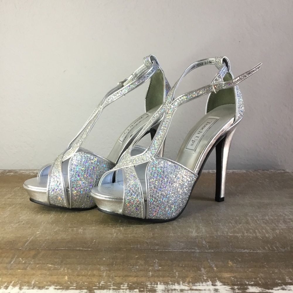 Silver and sparkle stiletto heeled shoes platform formal party wedding 5 1/2